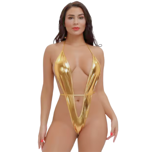 Büyük Beden Fantezi Altın Parlak Bodysouit