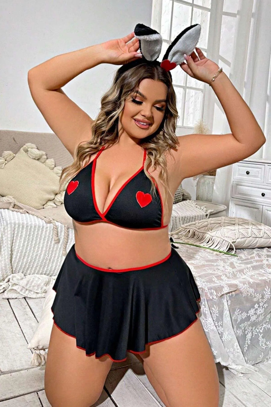 Büyük Beden Fantazi Kalpli Mini Etekli Babydol Gecelik